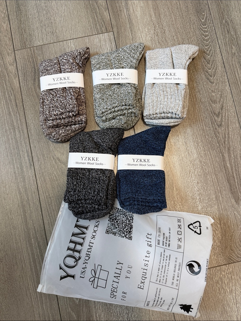 YZZKKE Women's Wool Blend Crew Socks - 5-Pack (Brown, Green, Cream, Gray, Blue)